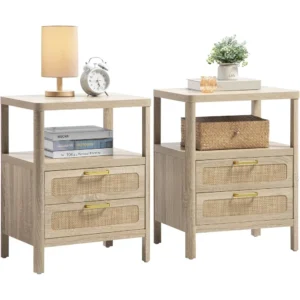 Set of 2 Natural Rattan Nightstands—2 Rattan Drawers + Open Shelf, Farmhouse Wood Bedside End Tables for Bedroom & Living Room