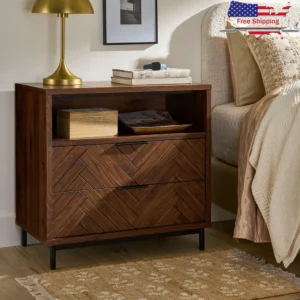 Modern 2-Drawer Nightstand with USB Ports Walnut Finish Herringbone Pattern Soft-Close Drawers Anti-Tipping Hardware Bedroom