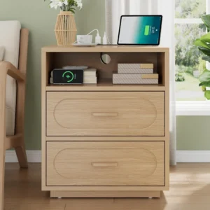 26" Tall Modern Nightstand with Charging Station, End Table with 2 Drawers Storage, Compact Bedside Cabinet w/ USB Hub & Outlets